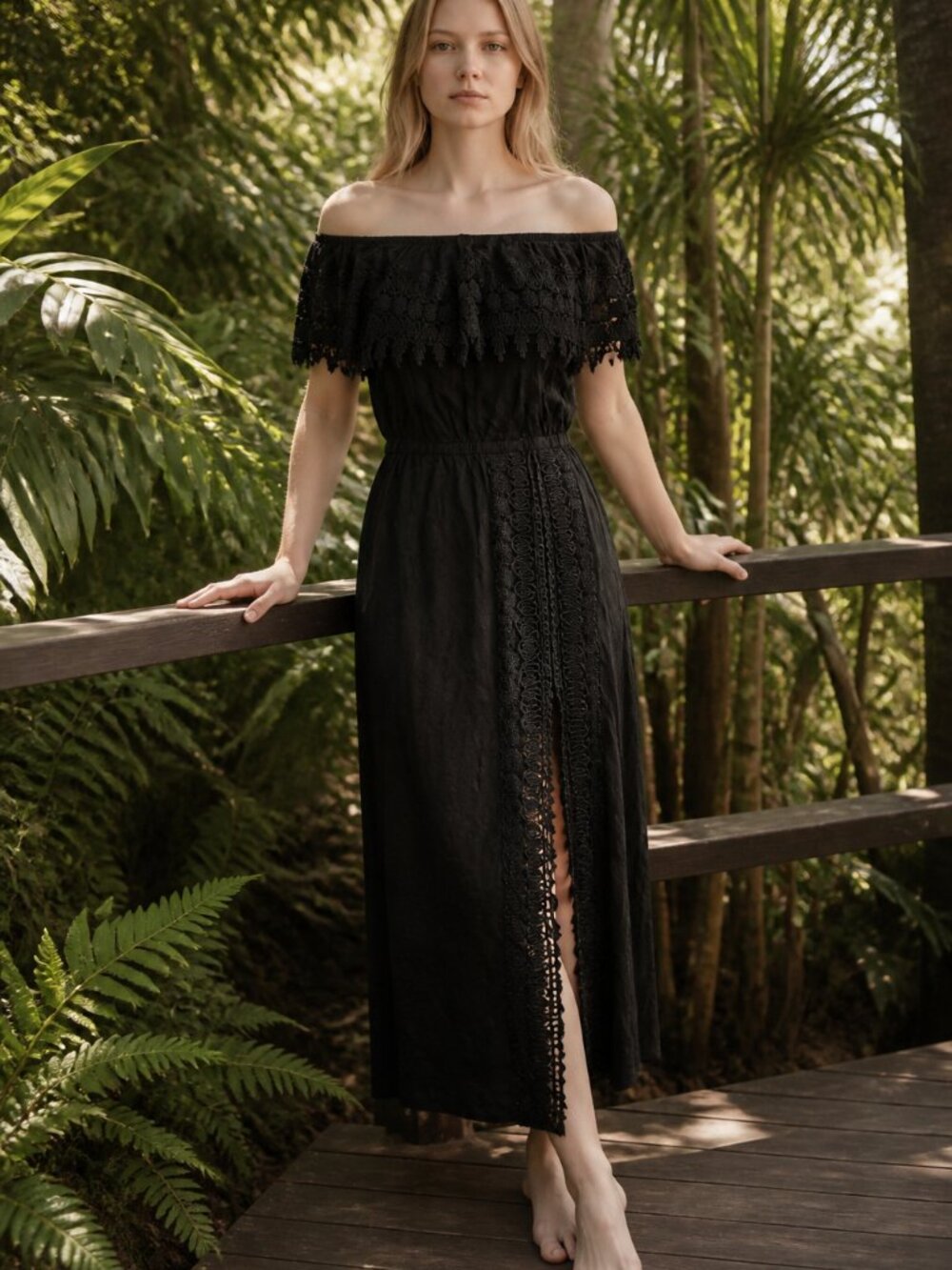 La Blanca Black One-Shoulder Lace-Trim Midi Dress M